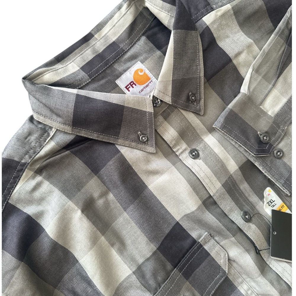 FR Carhartt Men's Plaid Button-Down Shirt in Gray and Cream
